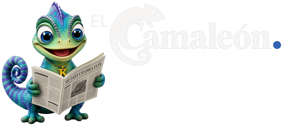 El Camaleón: mascota leyendo el periódico y logotipo