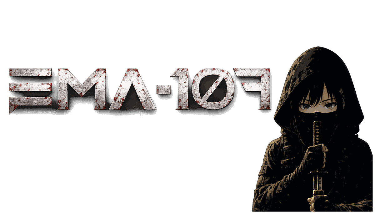 EMA-107: logotipo y personaje encapuchado con katana